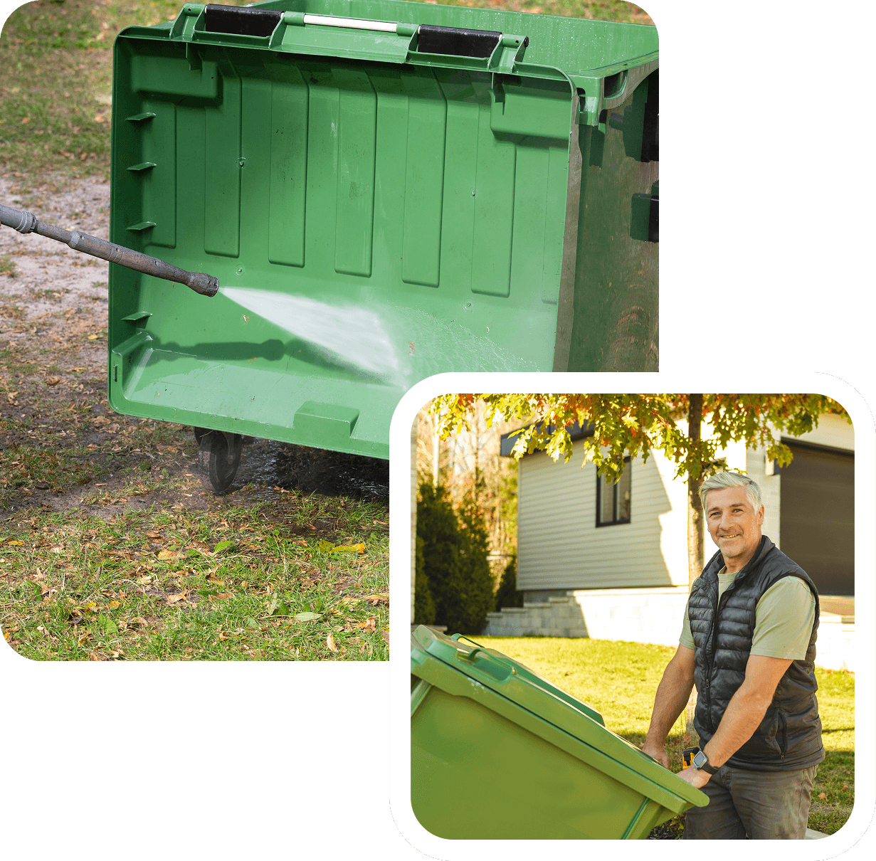 Man moving green waste bin outdoors